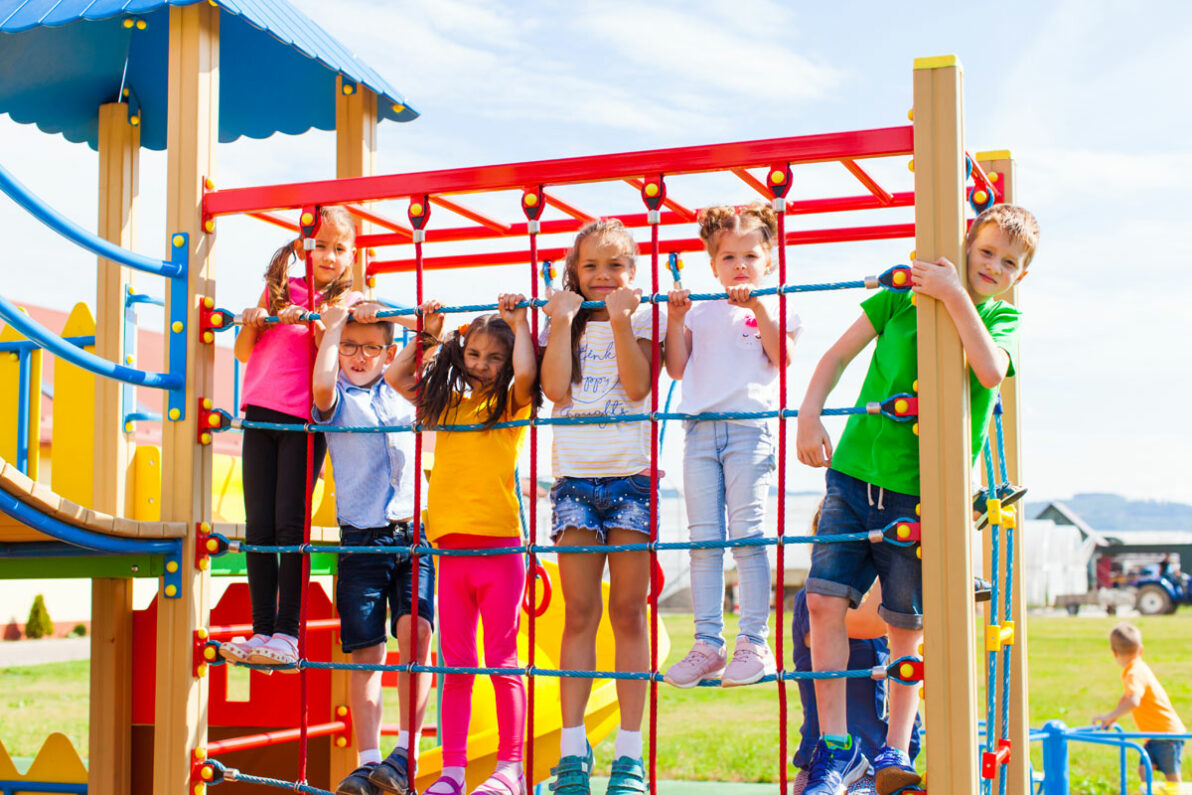 children playing on a colorful playground